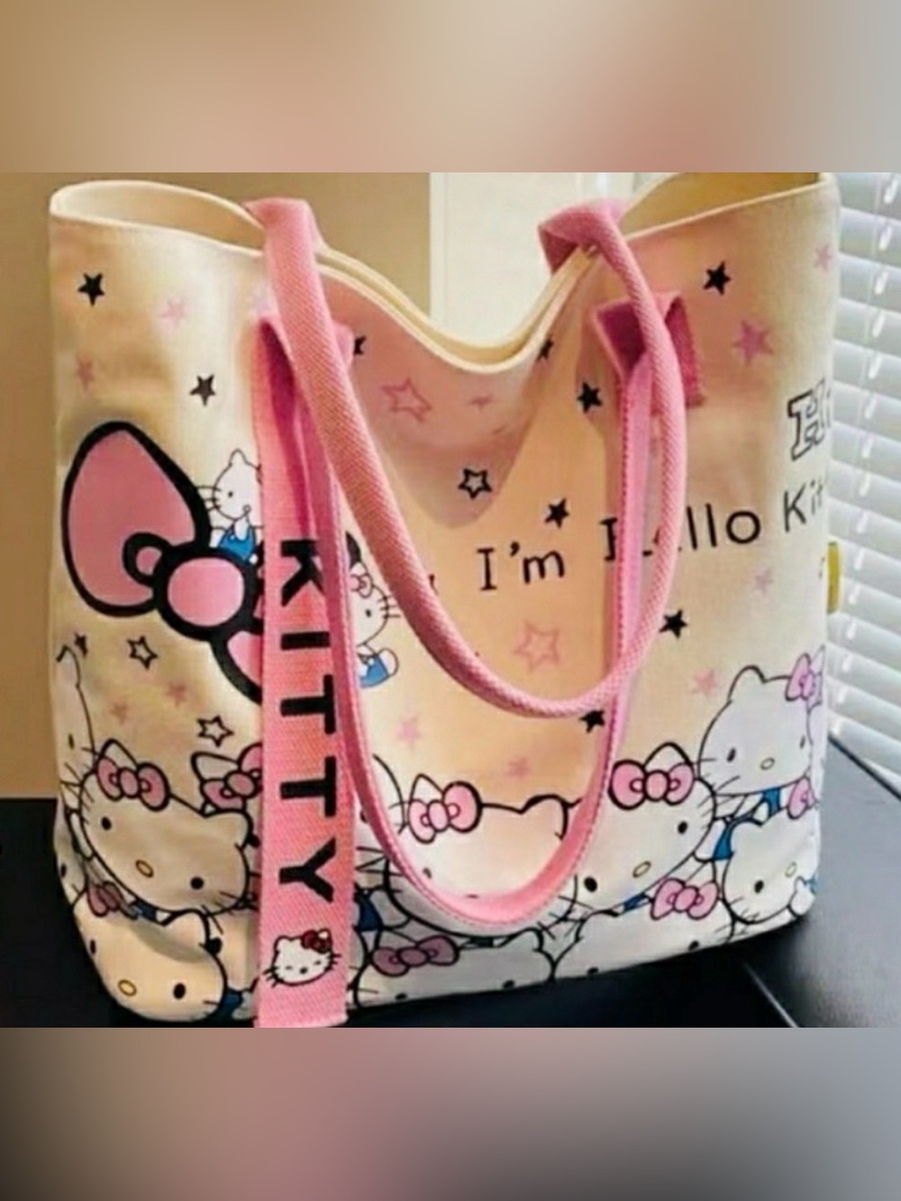 Hello Kitty Large Canvas Tote Bag Hi I'm Hello Kitty' Zip Closure Pink Cream NWT